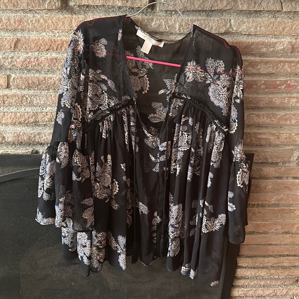 Very cute, black, see-through design, shirt, size medium hippie, flowing arms.